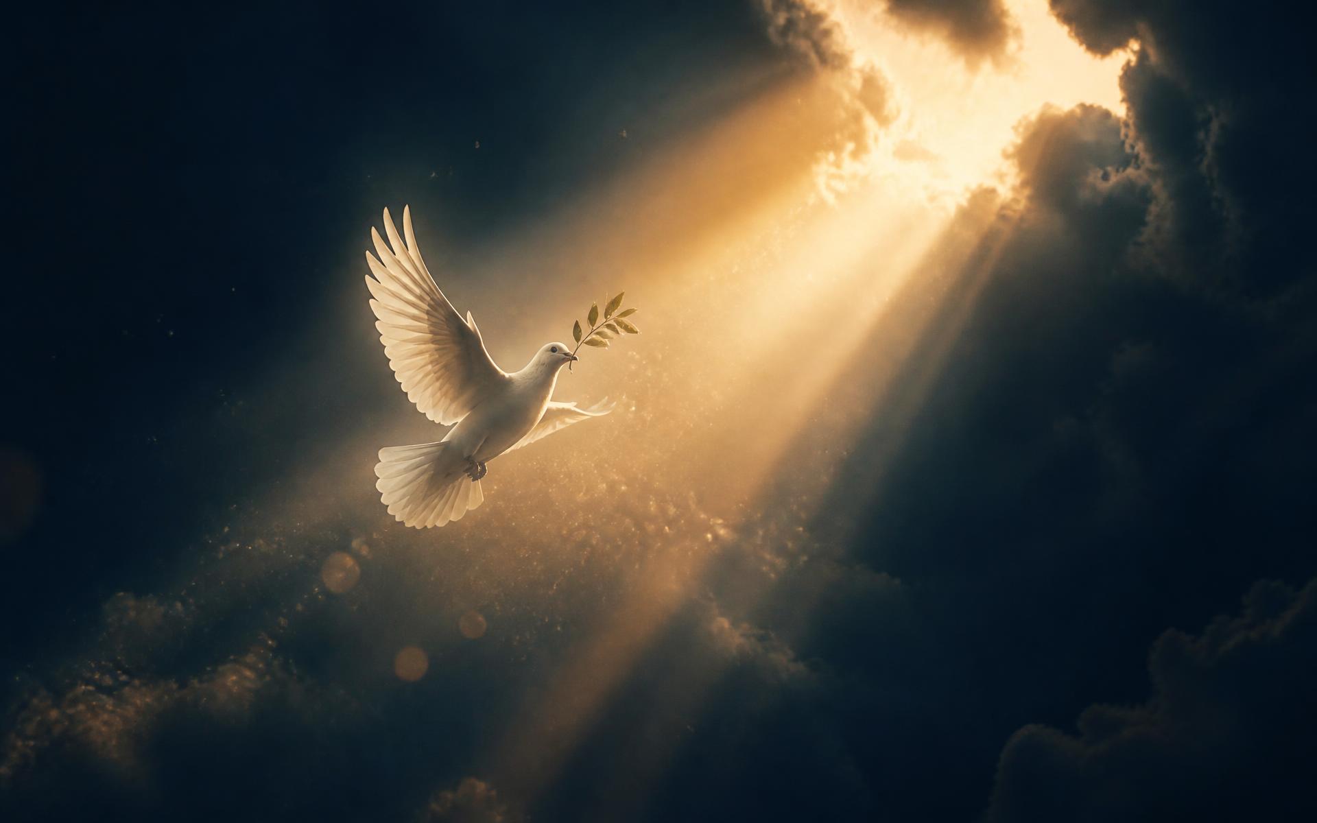 Paloma blanca volando hacia un haz de luz dorada